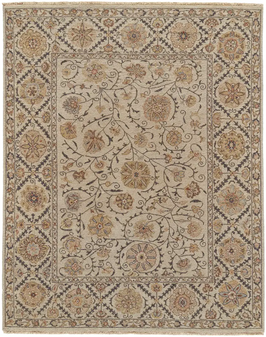Tan and Red Wool Oriental Hand Knotted Area Rug Photo 2