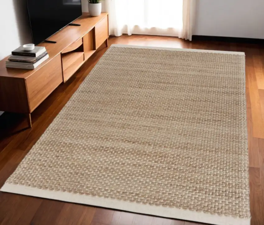 Tan and White Detailed Woven Area Rug Photo 2