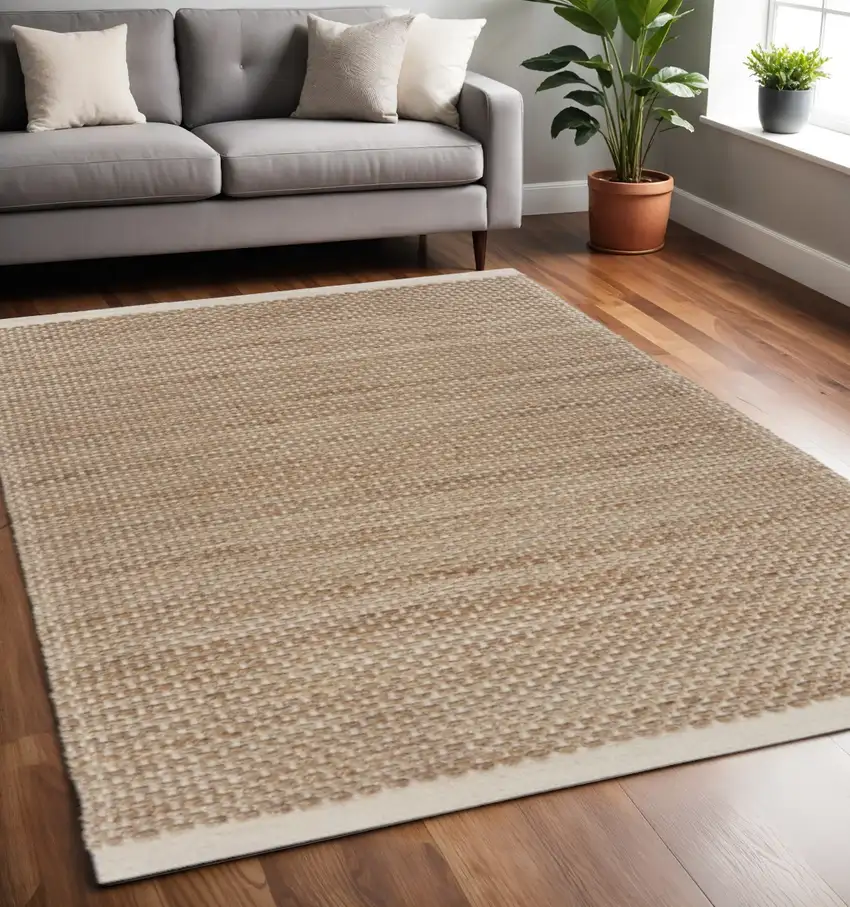 Tan and White Detailed Woven Area Rug Photo 1