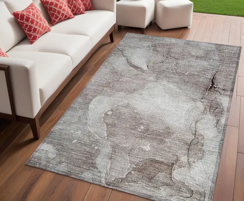 Taupe Abstract Washable Non Skid Indoor Outdoor Area Rug Photo 1