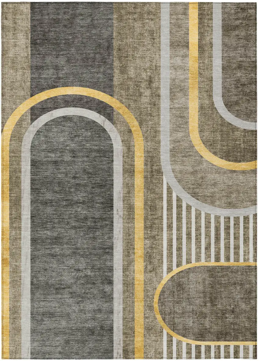 Gray Green and Gold Abstract Washable Non Skid Indoor Outdoor Area Rug Photo 2