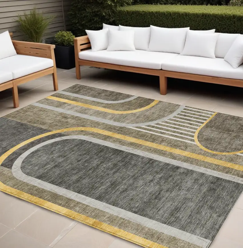 Gray Green and Gold Abstract Washable Non Skid Indoor Outdoor Area Rug Photo 1