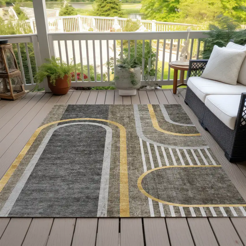 Gray Green and Gold Abstract Washable Non Skid Indoor Outdoor Area Rug Photo 9