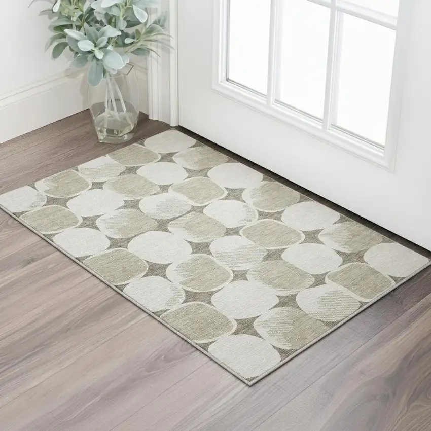 Taupe And Beige Abstract Geometric Washable Area Rug With UV Protection Photo 2