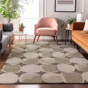 Photo of Taupe And Beige Abstract Geometric Washable Area Rug With UV Protection