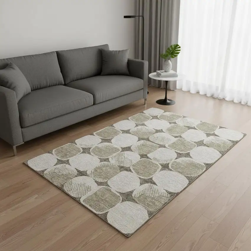 Taupe And Beige Abstract Geometric Washable Area Rug With UV Protection Photo 2