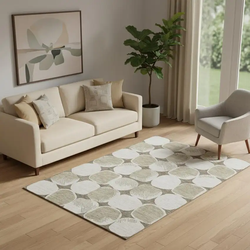 Taupe And Beige Abstract Geometric Washable Area Rug With UV Protection Photo 1