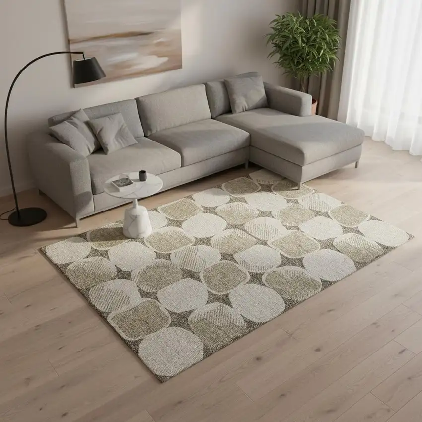Taupe And Beige Abstract Geometric Washable Area Rug With UV Protection Photo 2