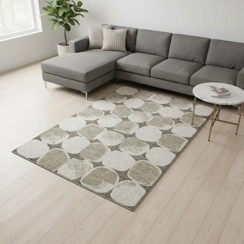 Taupe And Beige Abstract Geometric Washable Area Rug With UV Protection Photo 2