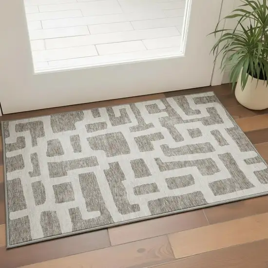 Taupe And Beige Abstract Geometric Washable Area Rug With UV Protection Photo 2