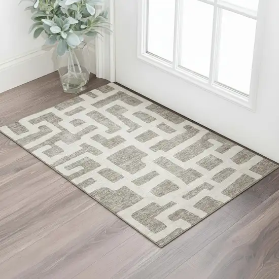 Taupe And Beige Abstract Geometric Washable Area Rug With UV Protection Photo 1