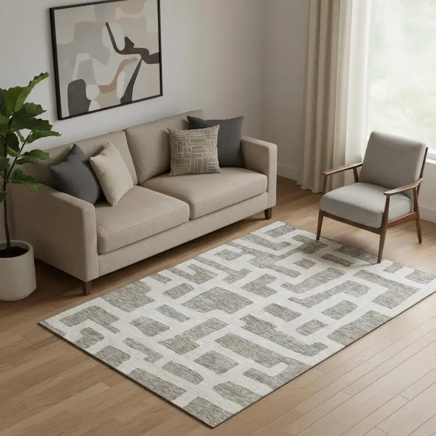 Taupe And Beige Abstract Geometric Washable Area Rug With UV Protection Photo 1