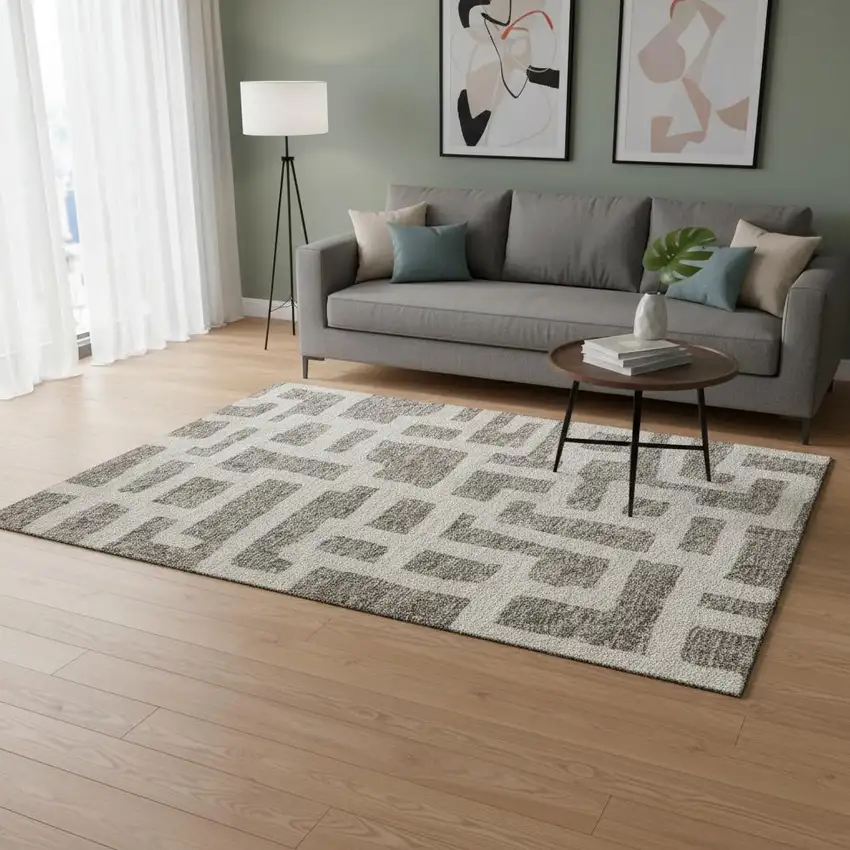 Taupe And Beige Abstract Geometric Washable Area Rug With UV Protection Photo 2