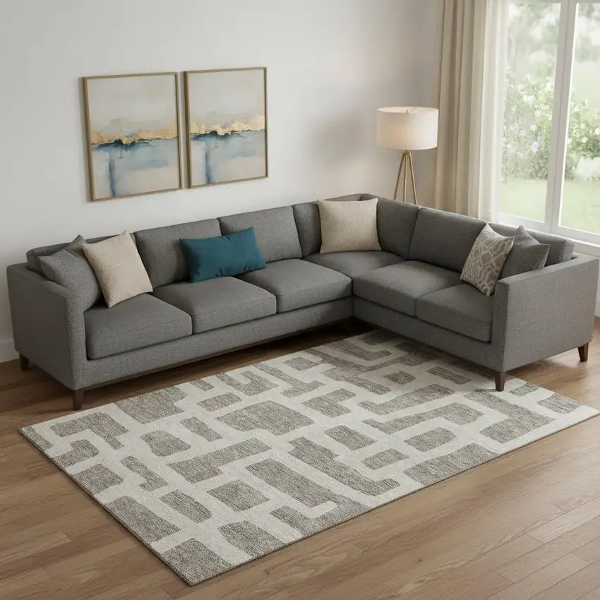 Taupe And Beige Abstract Geometric Washable Area Rug With UV Protection Photo 1