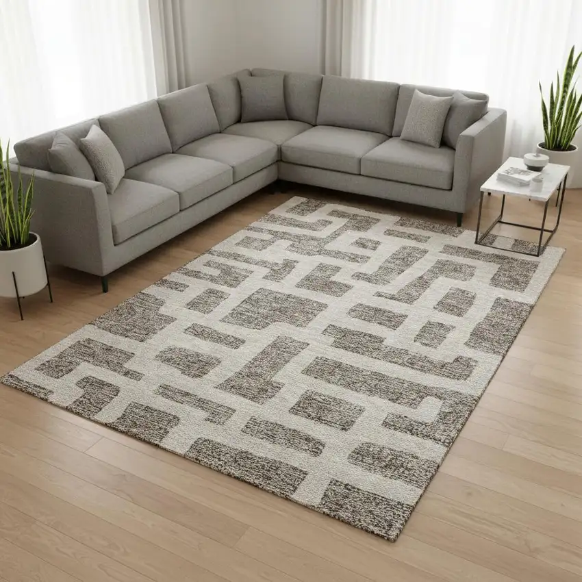 Taupe And Beige Abstract Geometric Washable Area Rug With UV Protection Photo 2