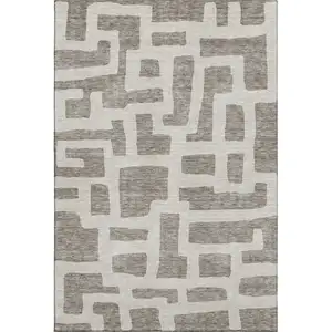 Photo of Taupe And Beige Abstract Geometric Washable Area Rug With UV Protection