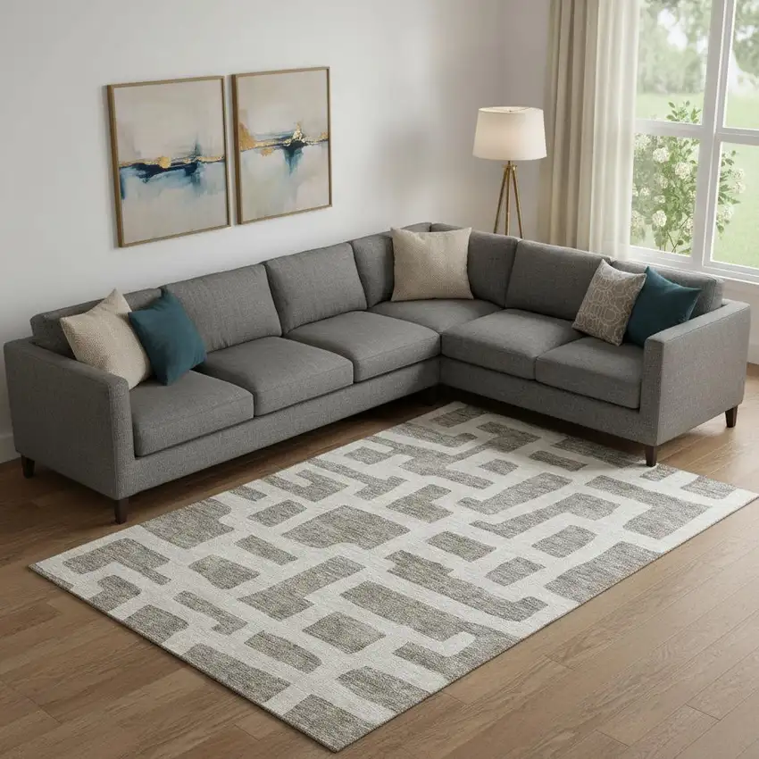 Taupe And Beige Abstract Geometric Washable Area Rug With UV Protection Photo 1