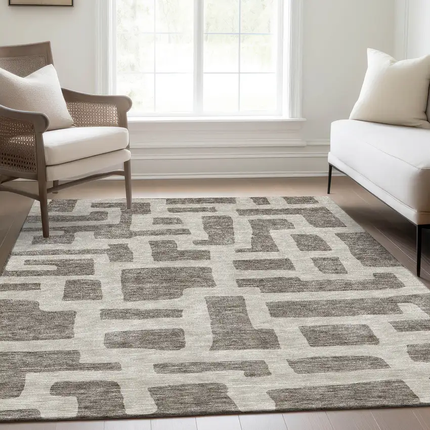 Taupe And Beige Abstract Geometric Washable Area Rug With UV Protection Photo 6