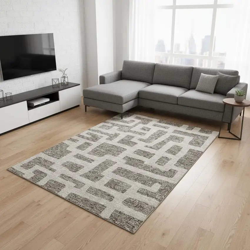 Taupe And Beige Abstract Geometric Washable Area Rug With UV Protection Photo 2
