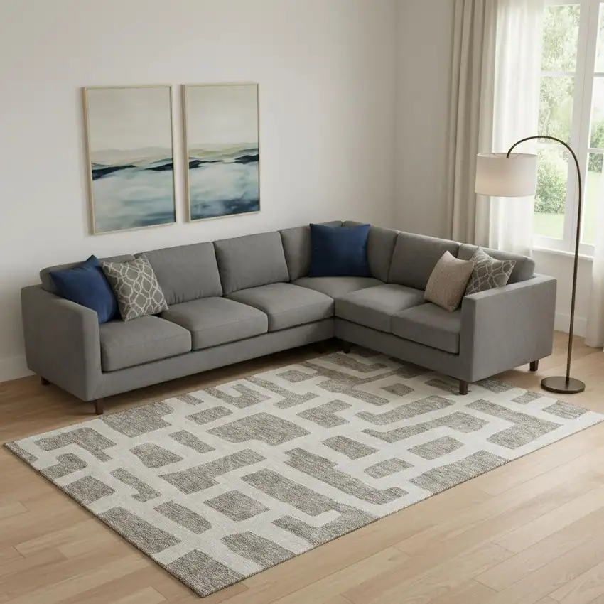 Taupe And Beige Abstract Geometric Washable Area Rug With UV Protection Photo 1