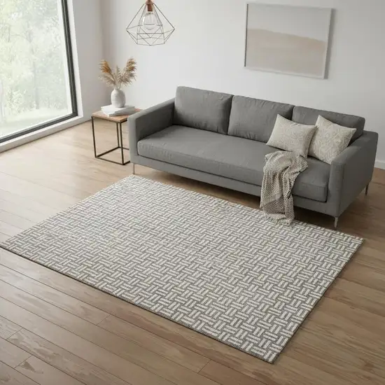 Taupe And Beige Abstract Geometric Washable Area Rug With UV Protection Photo 2