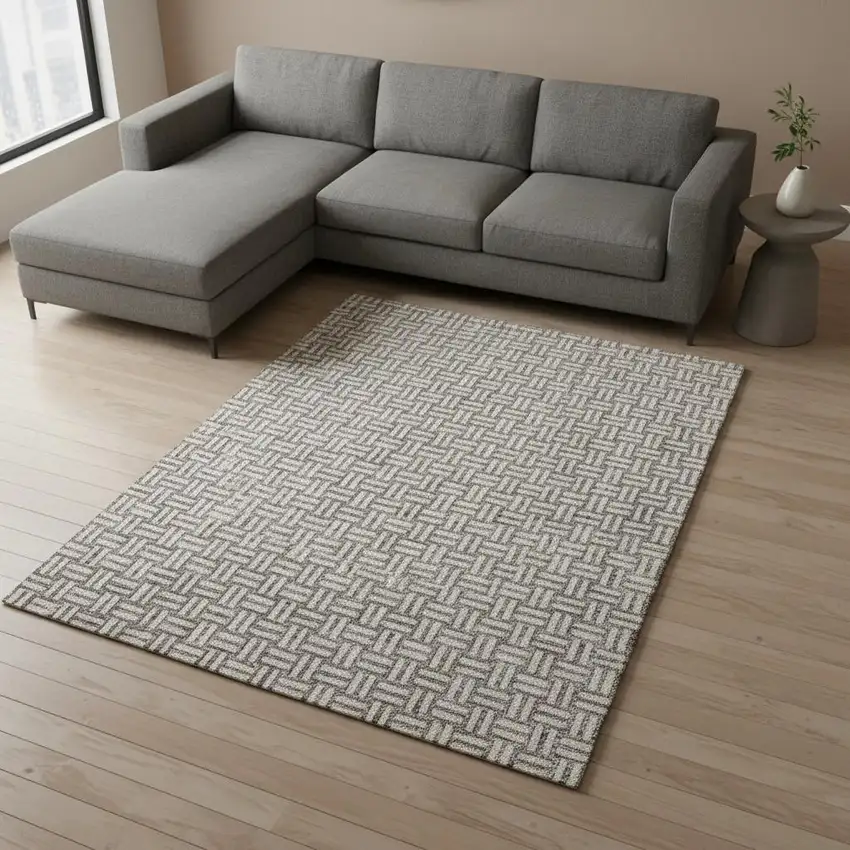 Taupe And Beige Abstract Geometric Washable Area Rug With UV Protection Photo 2