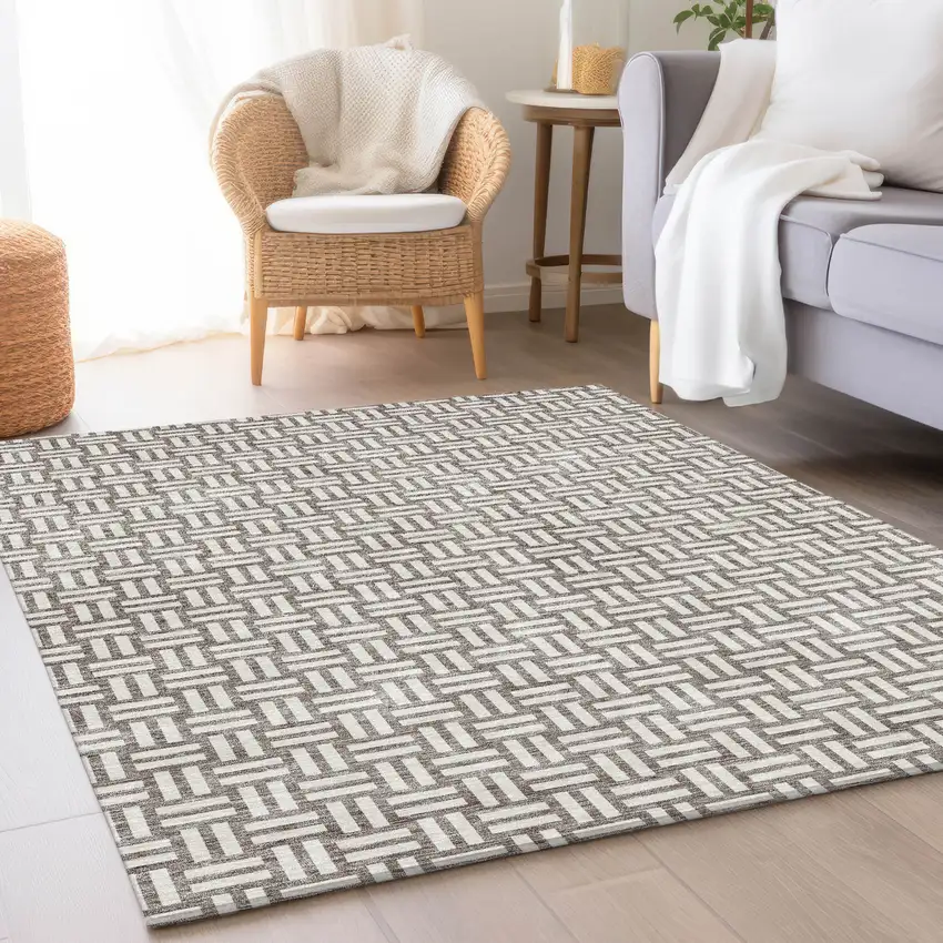 Taupe And Beige Abstract Geometric Washable Area Rug With UV Protection Photo 4
