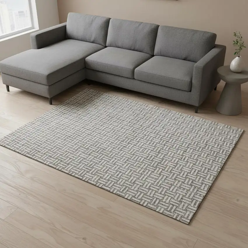 Taupe And Beige Abstract Geometric Washable Area Rug With UV Protection Photo 2