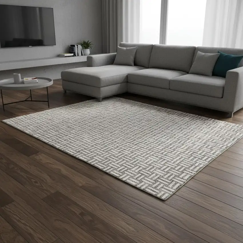 Taupe And Beige Abstract Geometric Washable Area Rug With UV Protection Photo 2