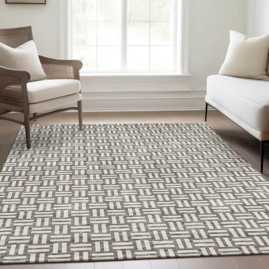 Taupe And Beige Abstract Geometric Washable Area Rug With UV Protection Photo 5
