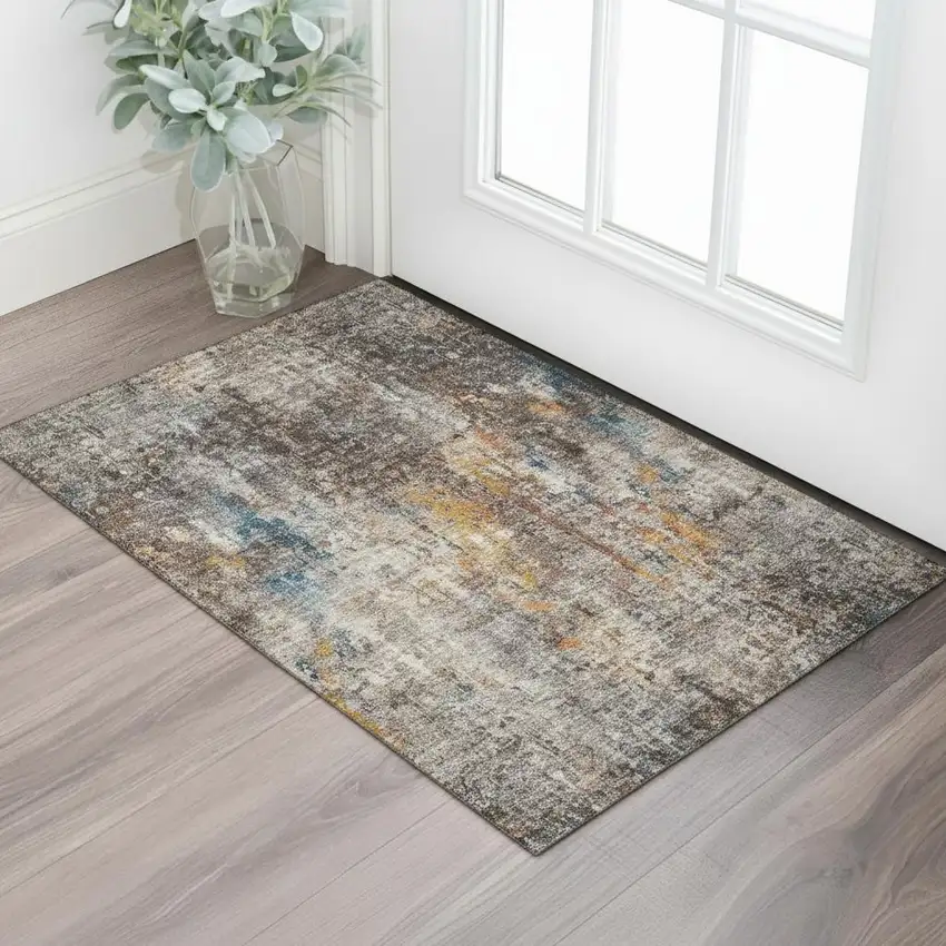 Taupe And Beige Abstract Washable Area Rug With UV Protection Photo 1