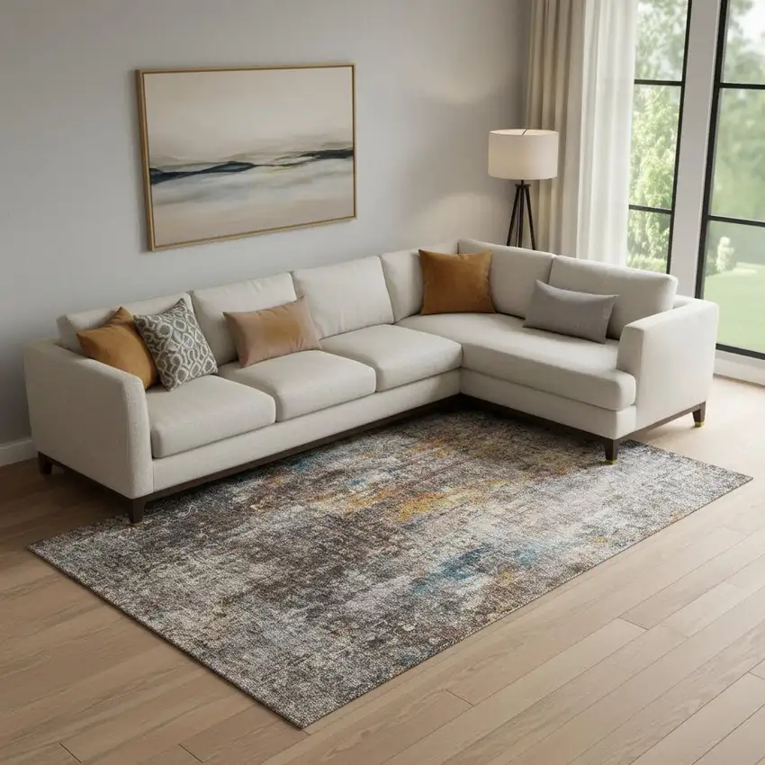 Taupe And Beige Abstract Washable Area Rug With UV Protection Photo 1