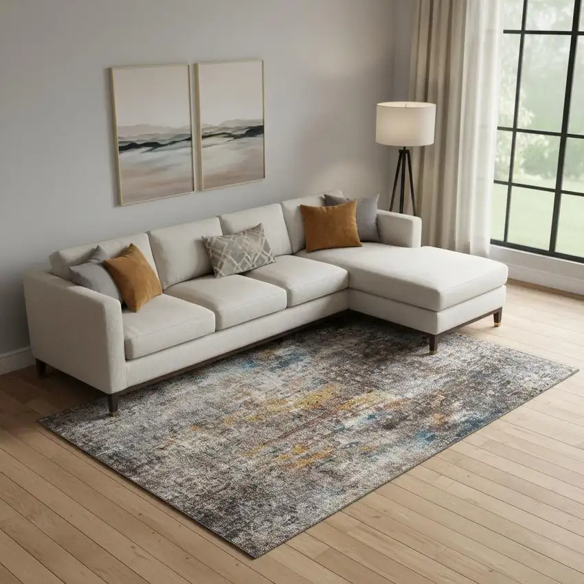 Taupe And Beige Abstract Washable Area Rug With UV Protection Photo 1