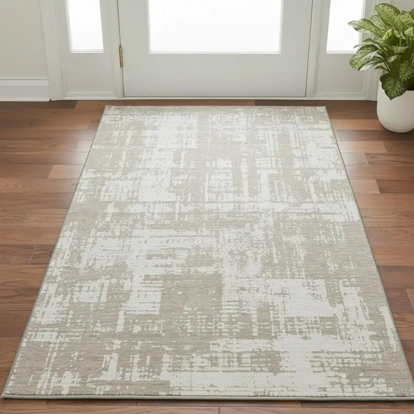 Taupe And Beige Abstract Washable Area Rug With UV Protection Photo 2