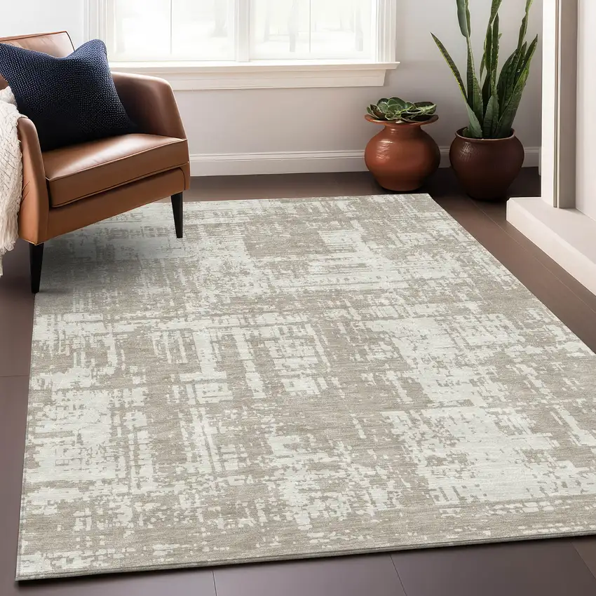 Taupe And Beige Abstract Washable Area Rug With UV Protection Photo 4