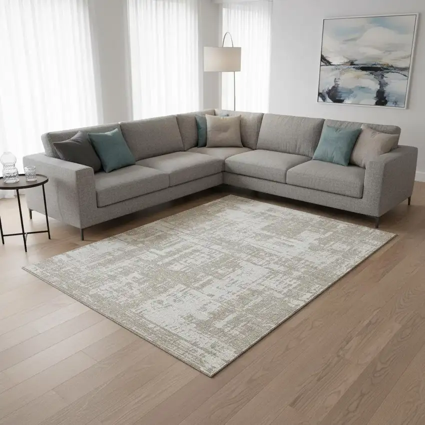 Taupe And Beige Abstract Washable Area Rug With UV Protection Photo 2