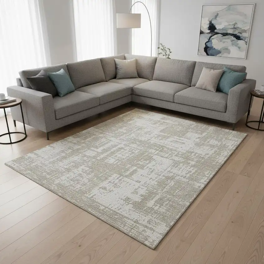 Taupe And Beige Abstract Washable Area Rug With UV Protection Photo 2