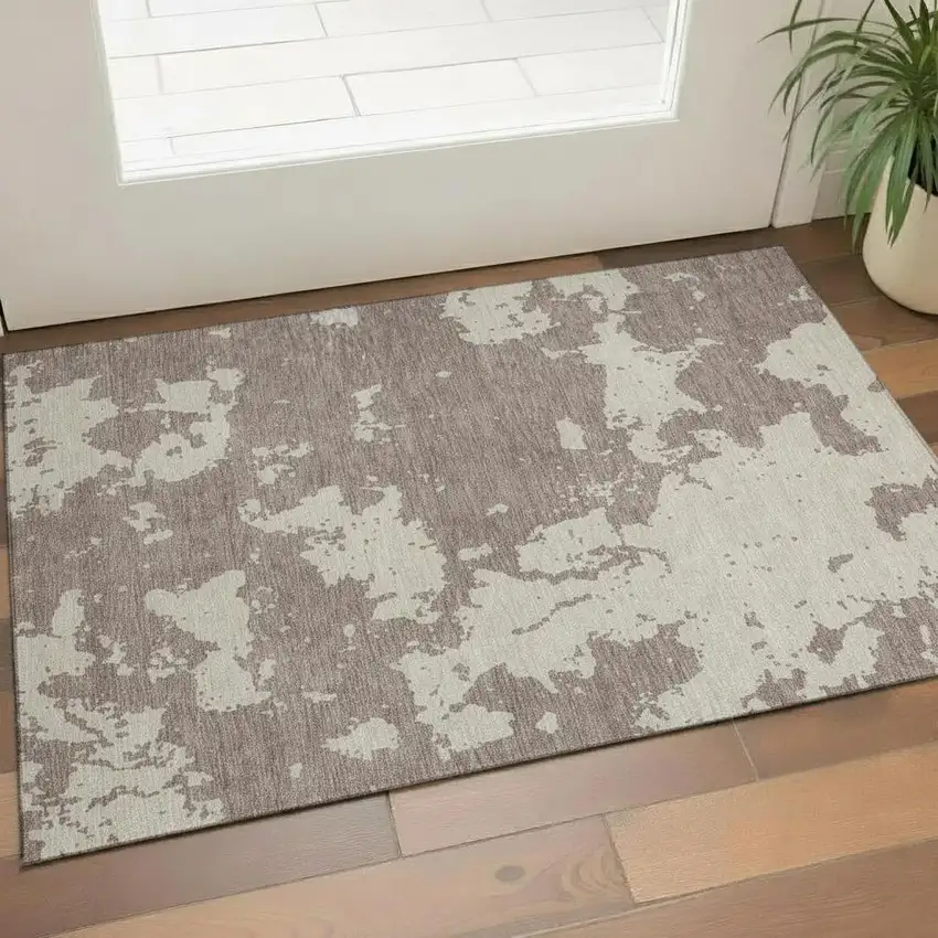 Taupe And Beige Abstract Washable Area Rug With UV Protection Photo 1