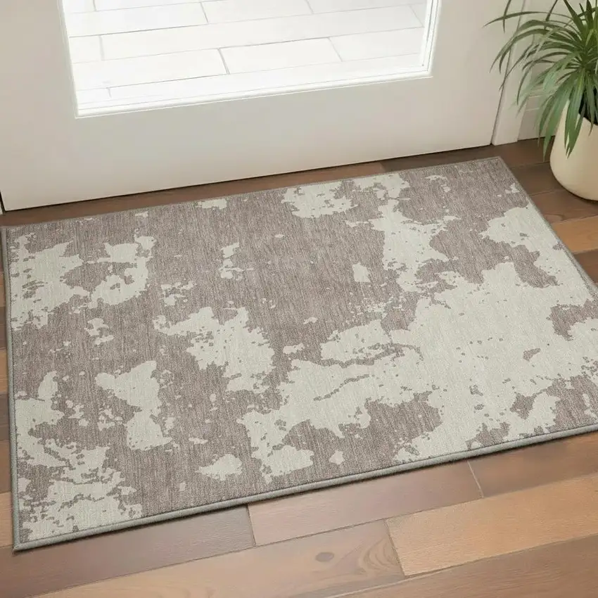Taupe And Beige Abstract Washable Area Rug With UV Protection Photo 2