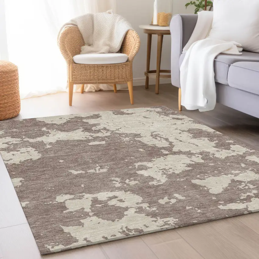 Taupe And Beige Abstract Washable Area Rug With UV Protection Photo 5