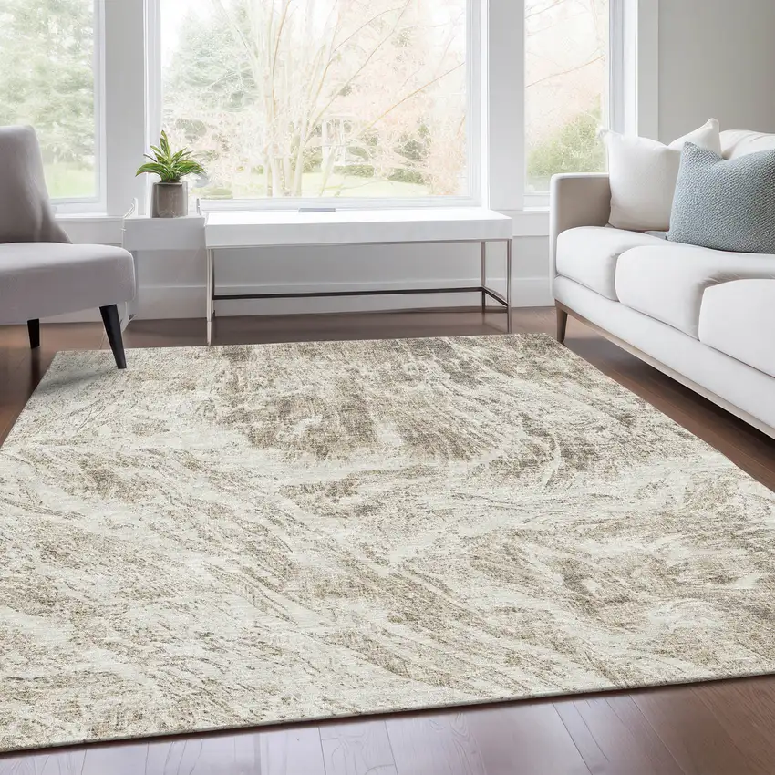 Taupe And Beige Abstract Washable Area Rug With UV Protection Photo 6
