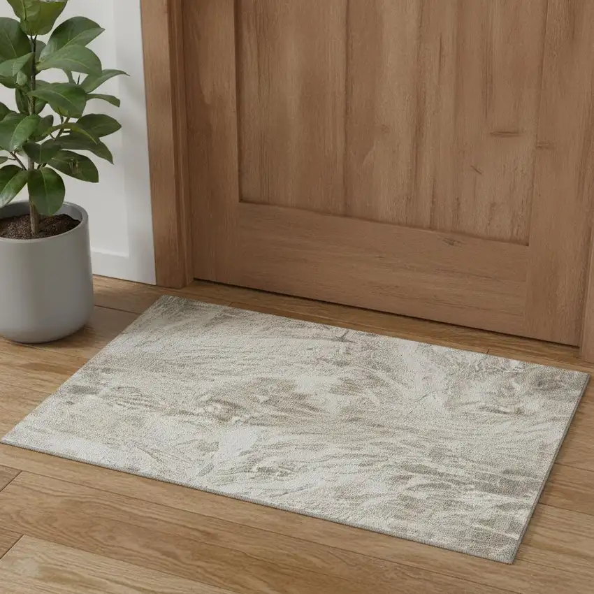 Taupe And Beige Abstract Washable Area Rug With UV Protection Photo 1