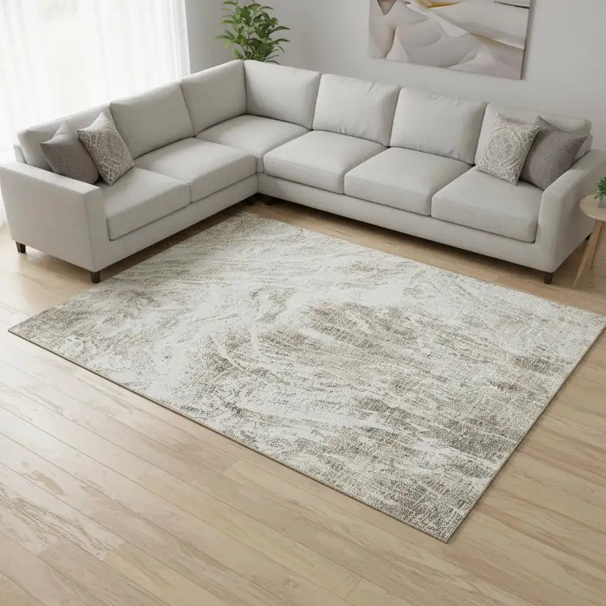 Taupe And Beige Abstract Washable Area Rug With UV Protection Photo 2
