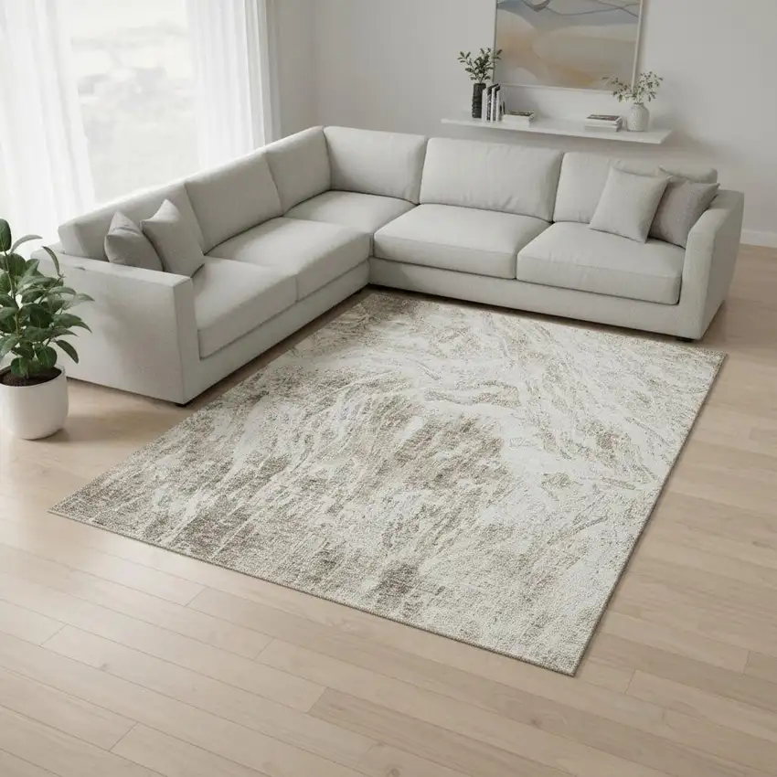Taupe And Beige Abstract Washable Area Rug With UV Protection Photo 2