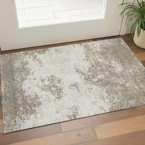 Taupe And Beige Abstract Washable Area Rug With UV Protection Photo 1