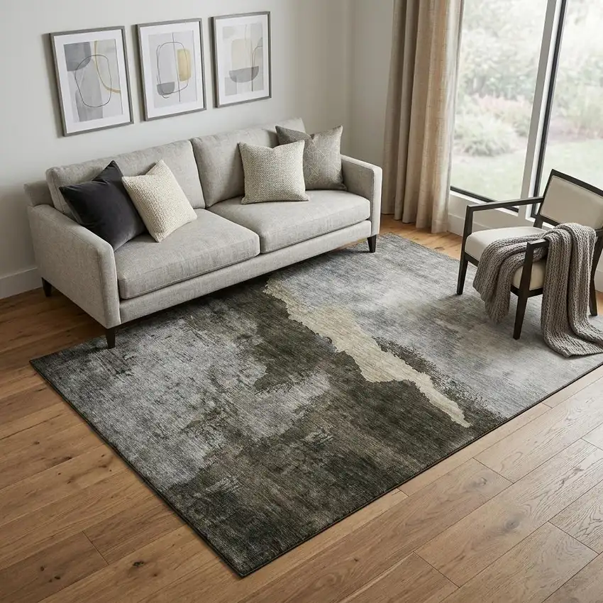 Taupe And Beige Abstract Washable Area Rug With UV Protection Photo 1