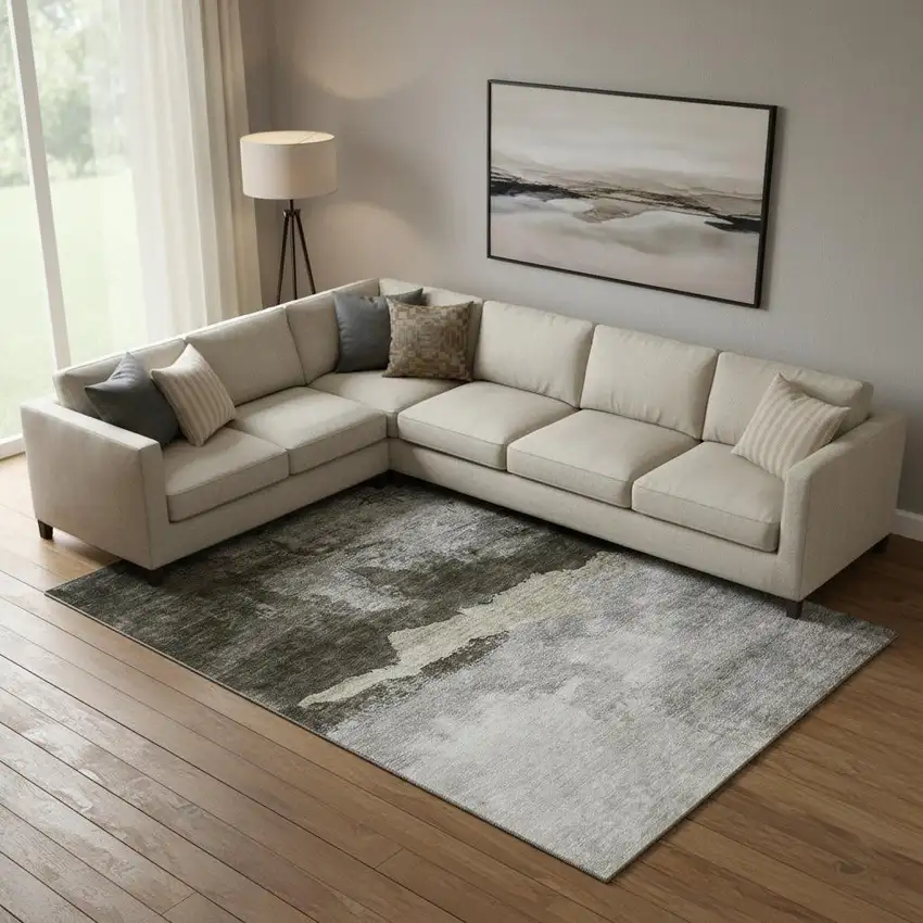 Taupe And Beige Abstract Washable Area Rug With UV Protection Photo 2