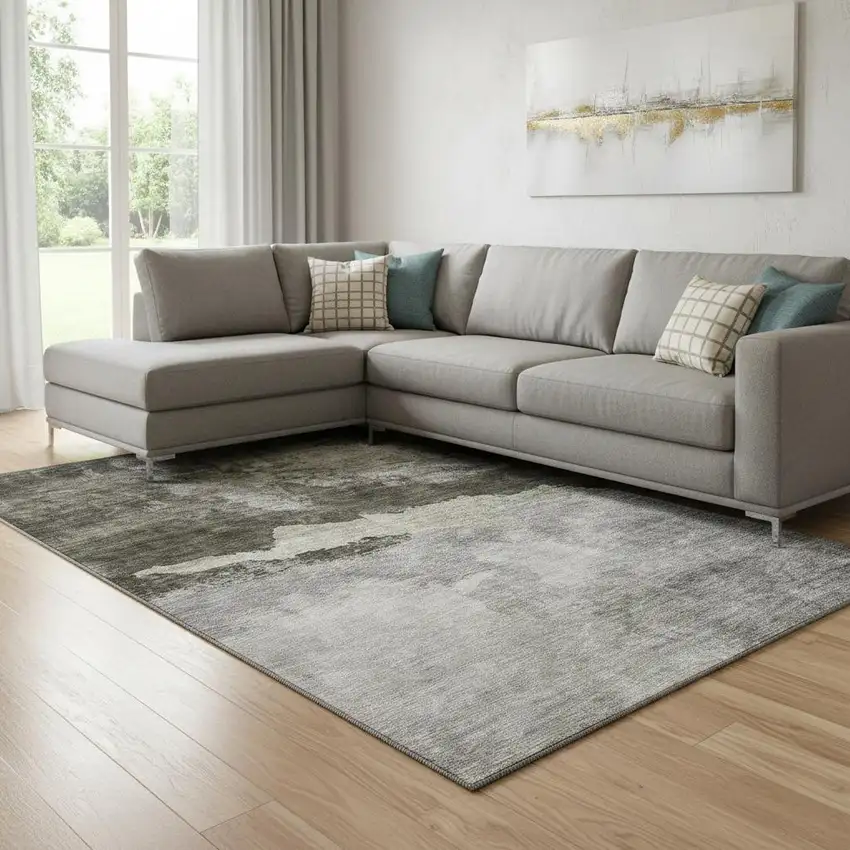 Taupe And Beige Abstract Washable Area Rug With UV Protection Photo 2