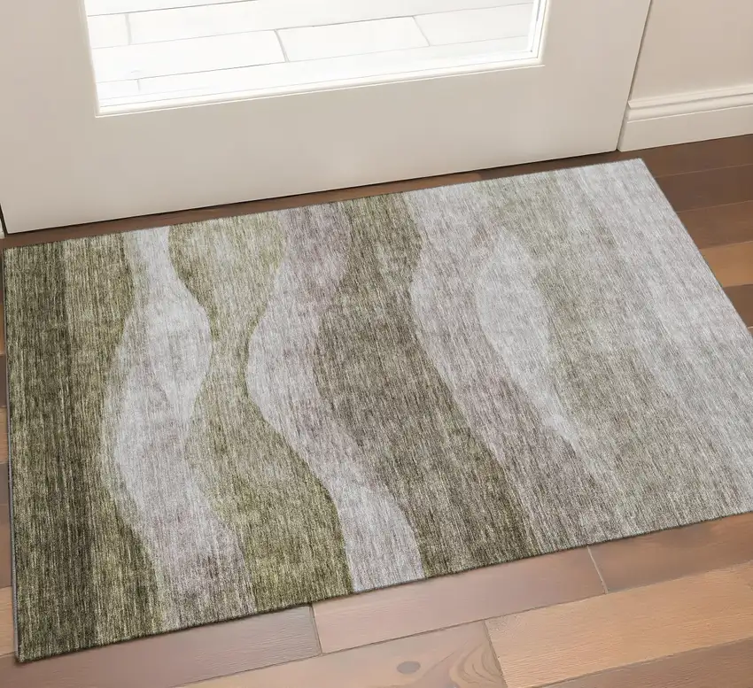 Taupe And Beige Abstract Washable Area Rug With UV Protection Photo 1