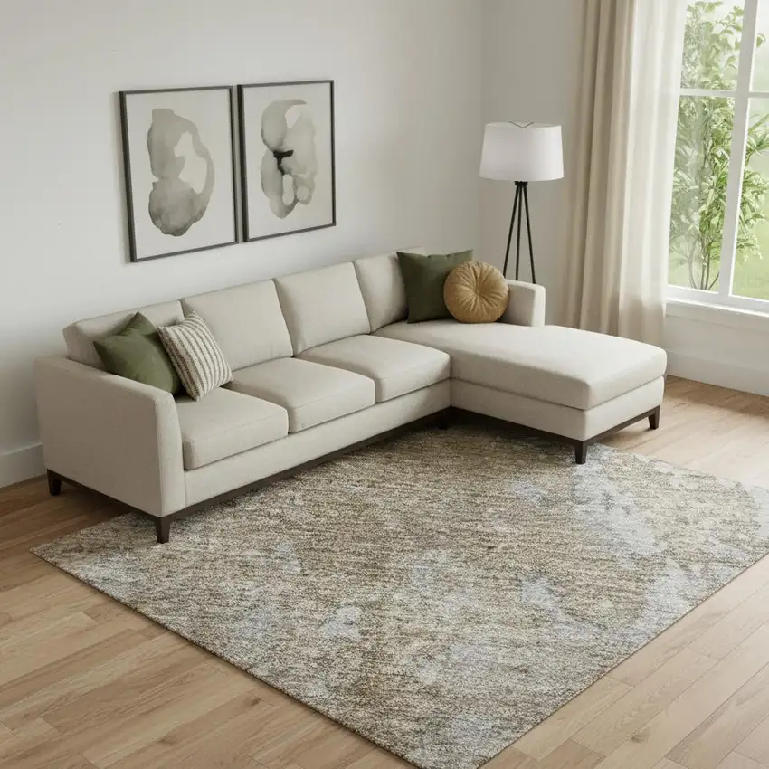 Taupe And Beige Abstract Washable Area Rug With UV Protection Photo 2